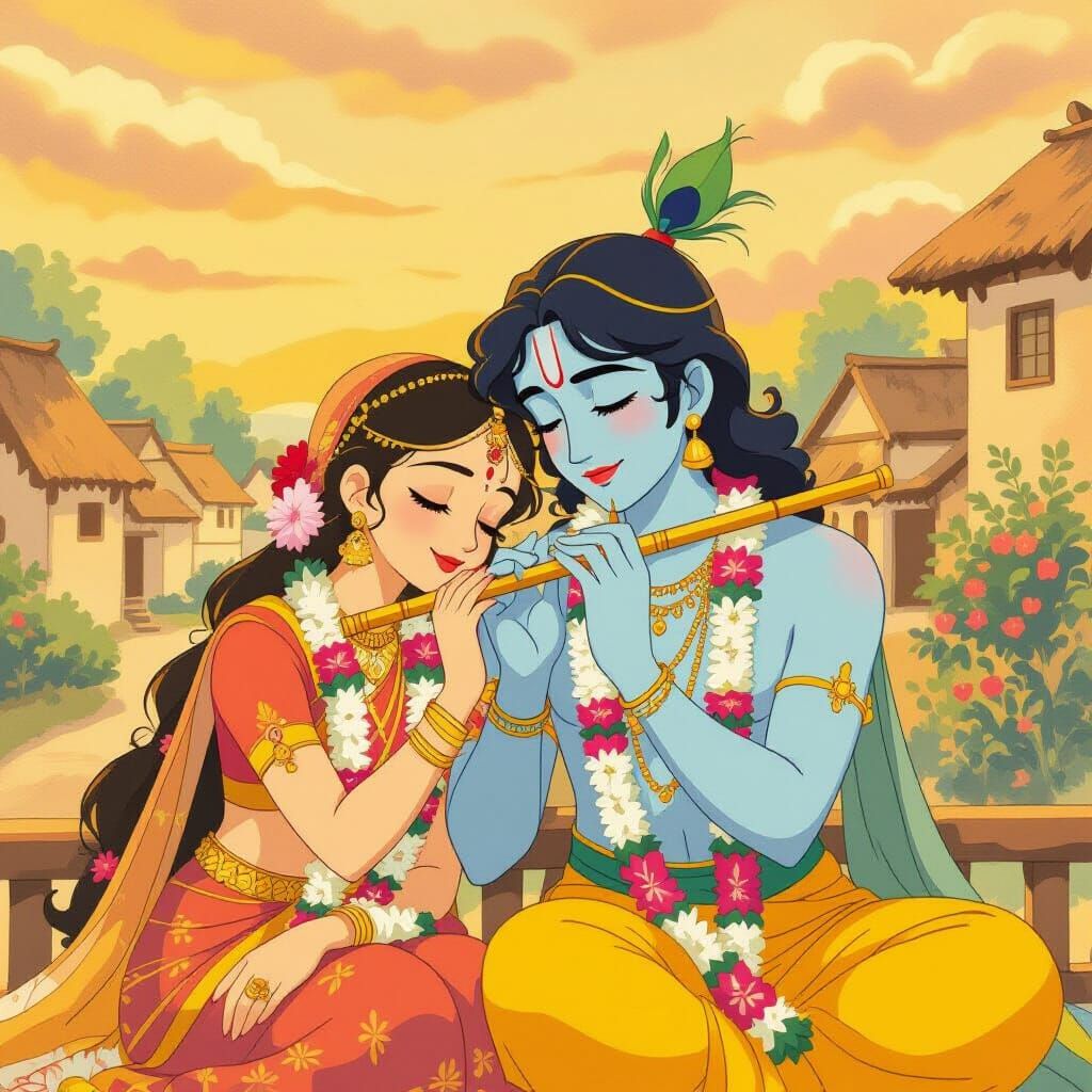 Krishna Plays Flute for Radha: Ghibli-Inspired Golden Hour