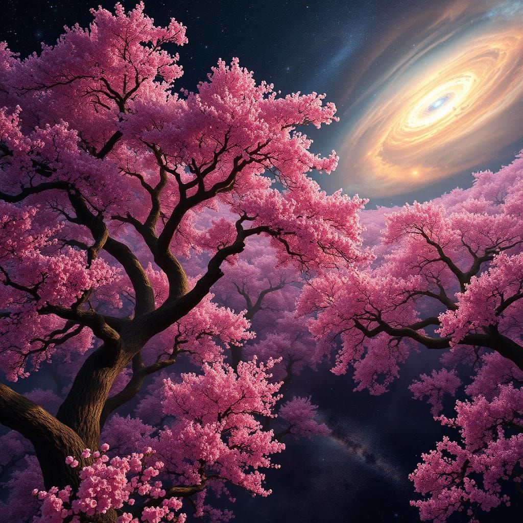Cosmic Cherry Blossom Forest in Vibrant Digital Art