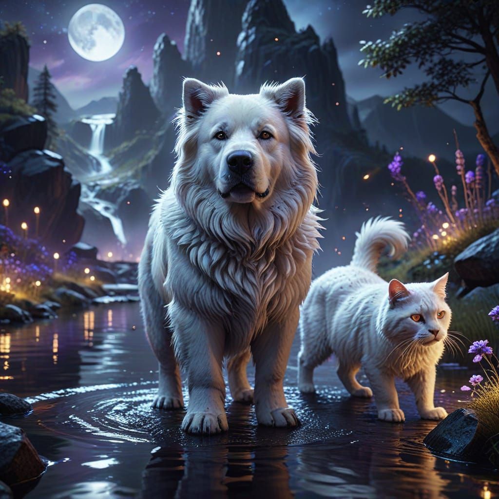 Surreal Encounter of Mystic Canine and Feline Friends Under ...