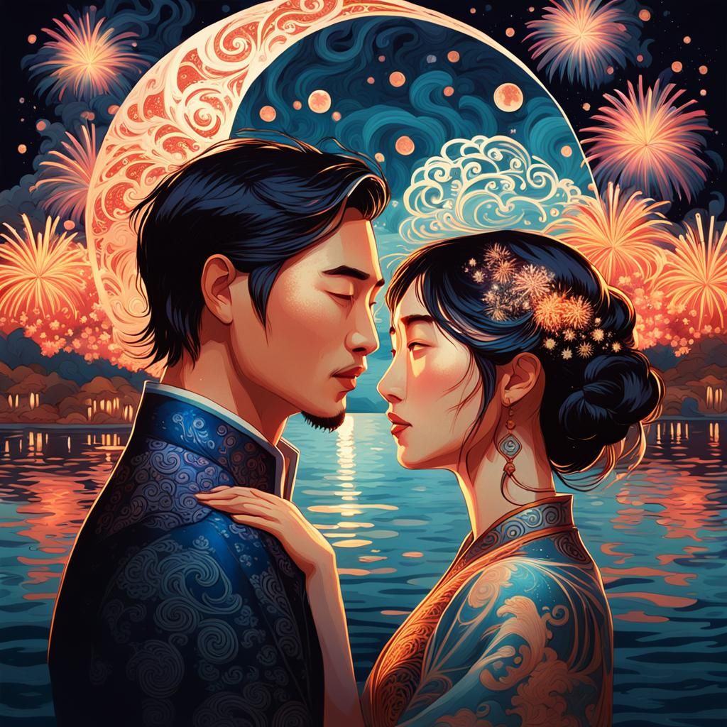 Époque joseon, pont, feu d'artifice qui se reflète dans l'ea...