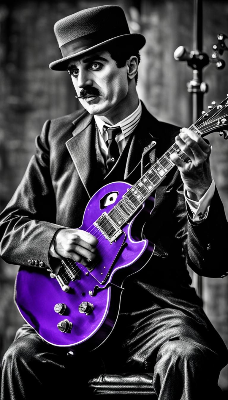 Chaplin Plays Purple Guitar in Black and White