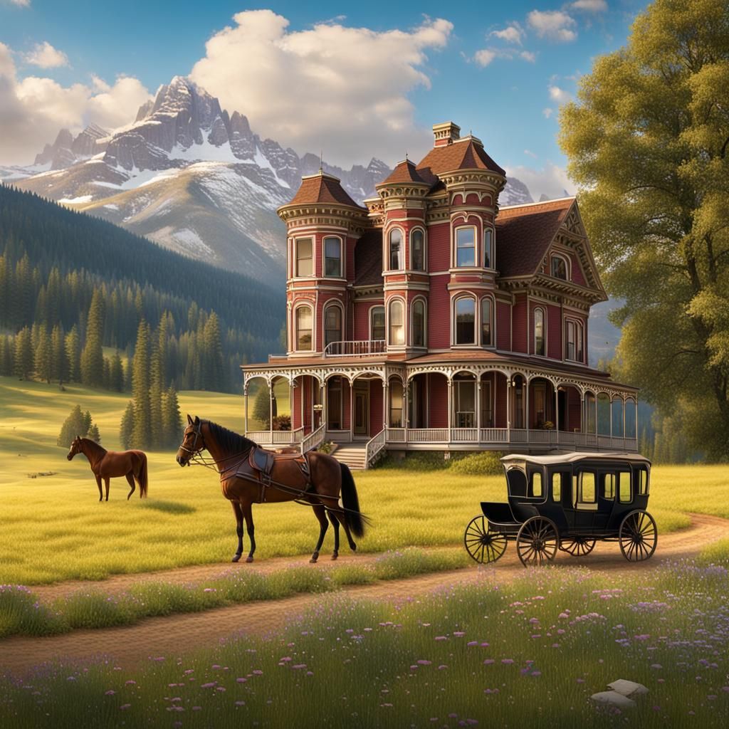 Victorian House in Mountain Meadow with Horse Buggy