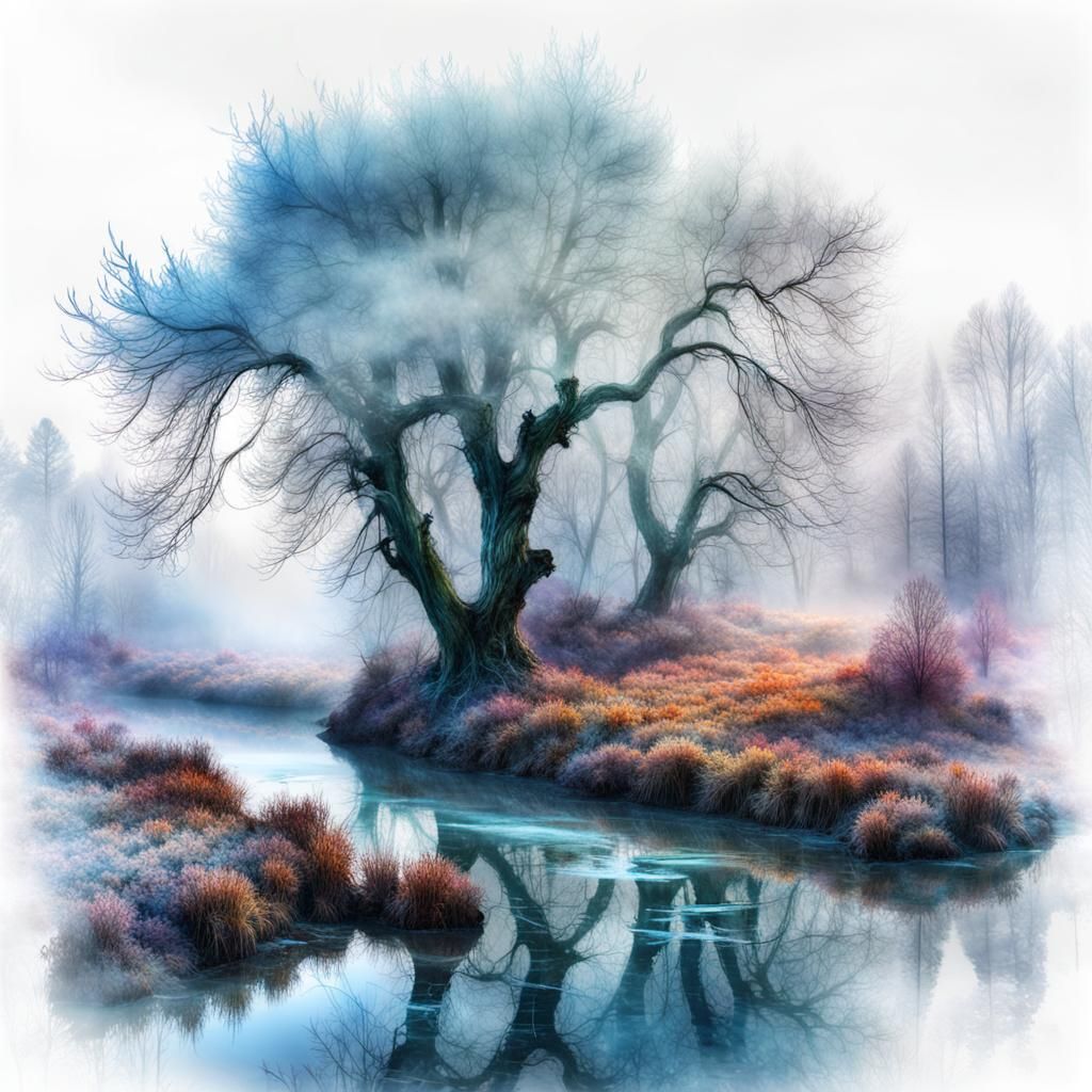 Neon River Meander in Digital Watercolor Style