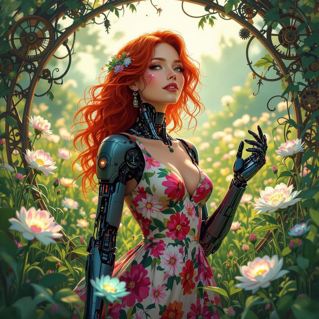 Cyborg Woman in Bioluminescent Flower Field, Art Nouveau Sty...