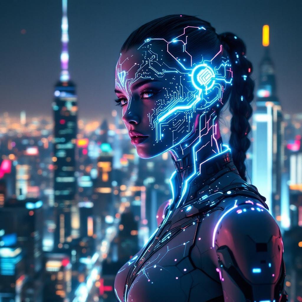 Futuristic Cyberpunk Woman with Neon Circuitry
