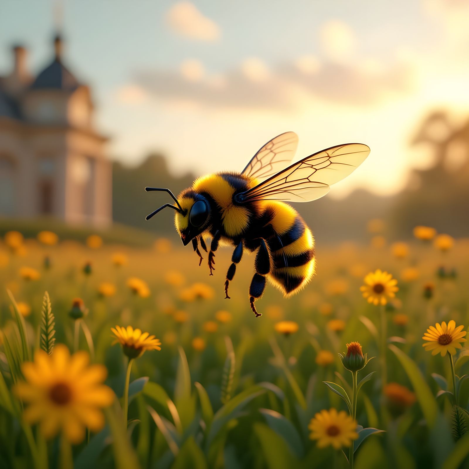 Steampunk Bumblebee Soars Over Lush Meadow