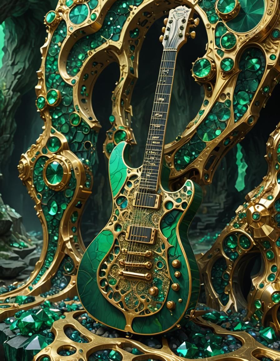 Gemstone Guitar in Emerald Cave, Aetherpunk Art
