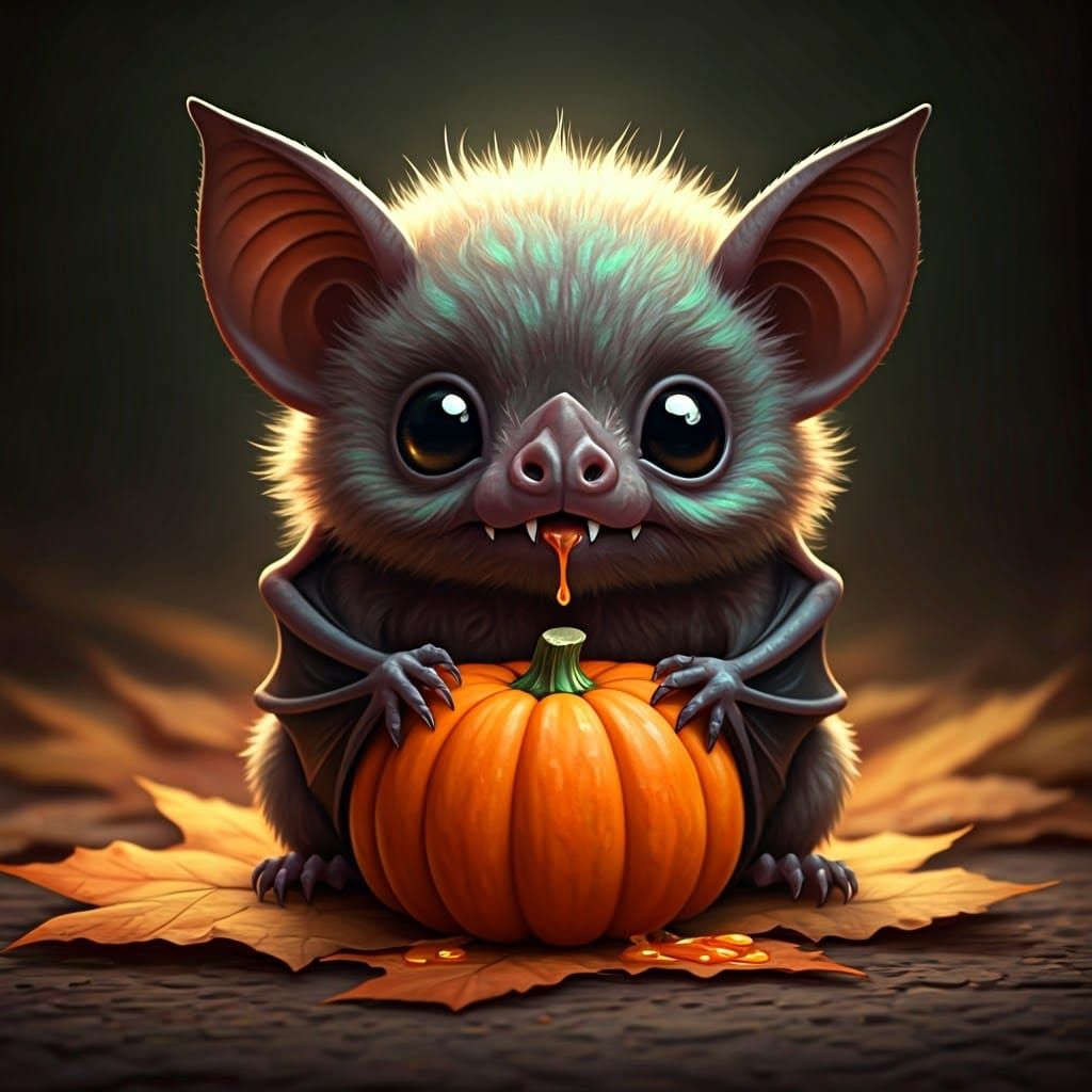 Adorable Chibi Bat with Pumpkin Juice, Pastel Art