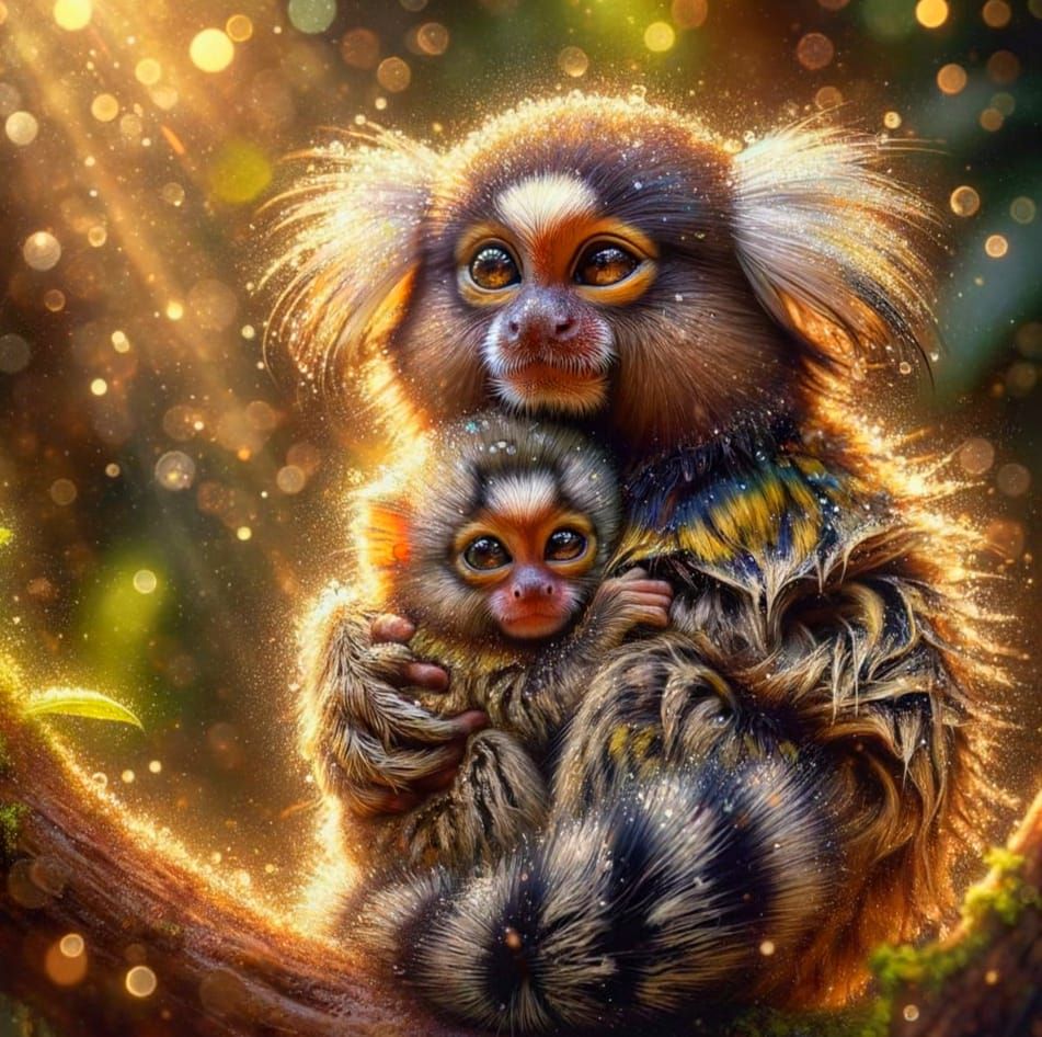 Marmoset Mother and Baby in Jungle Rain