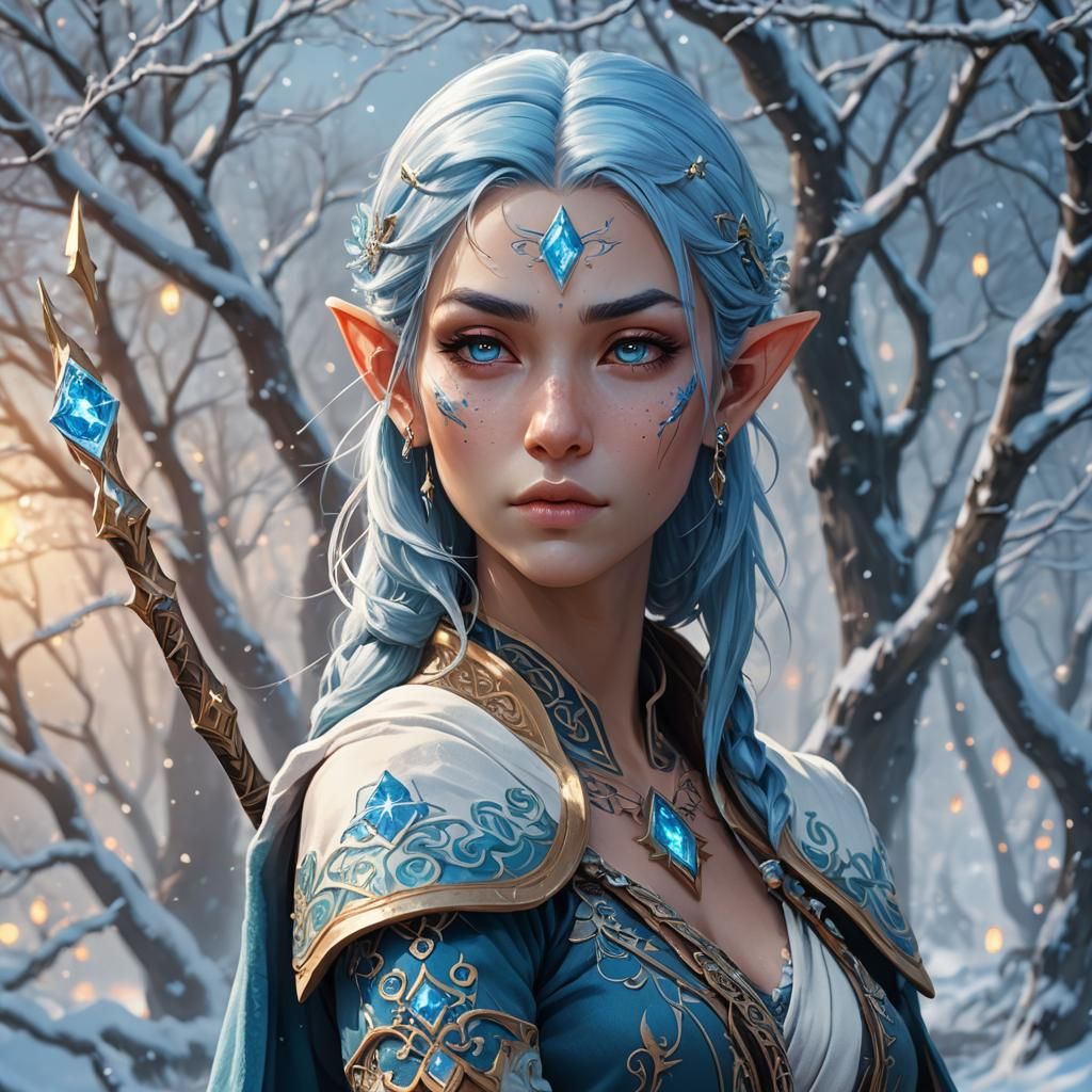 Blue-Haired Elf Monk in Winter Landscape
