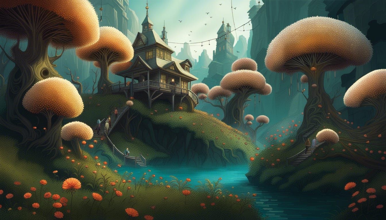 Surreal Dandelion Village: A Colorful Landscape