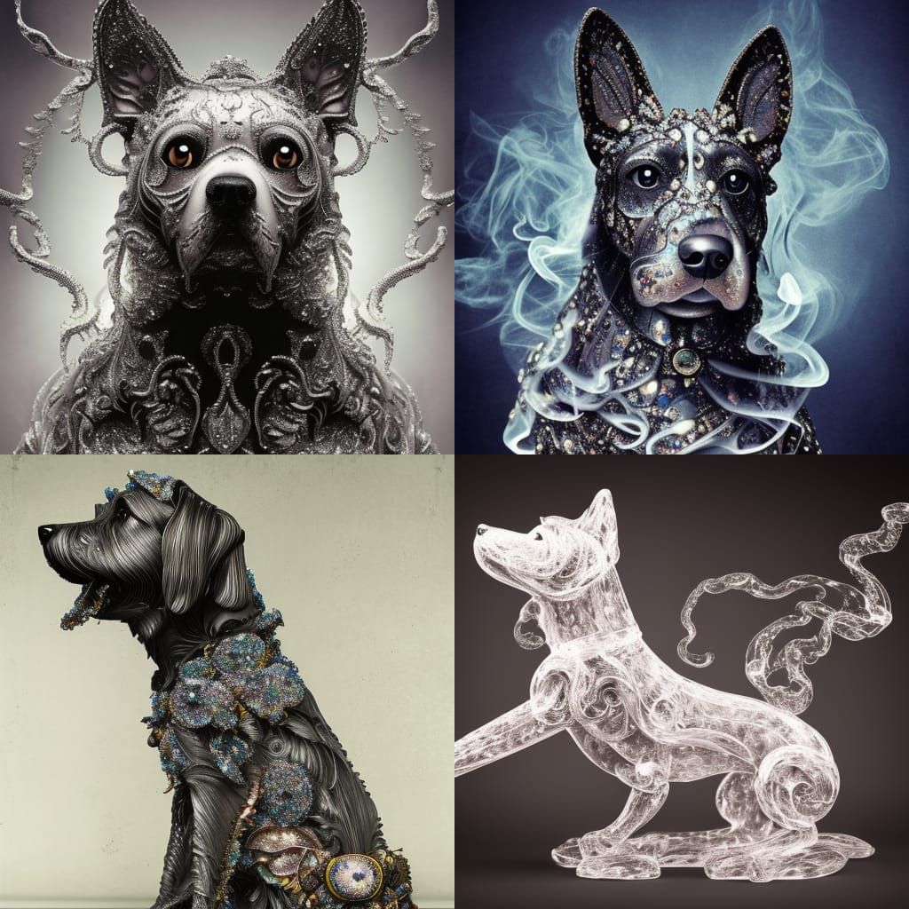 Ornate Crystalline Glass Dog with Smoke Tendrils