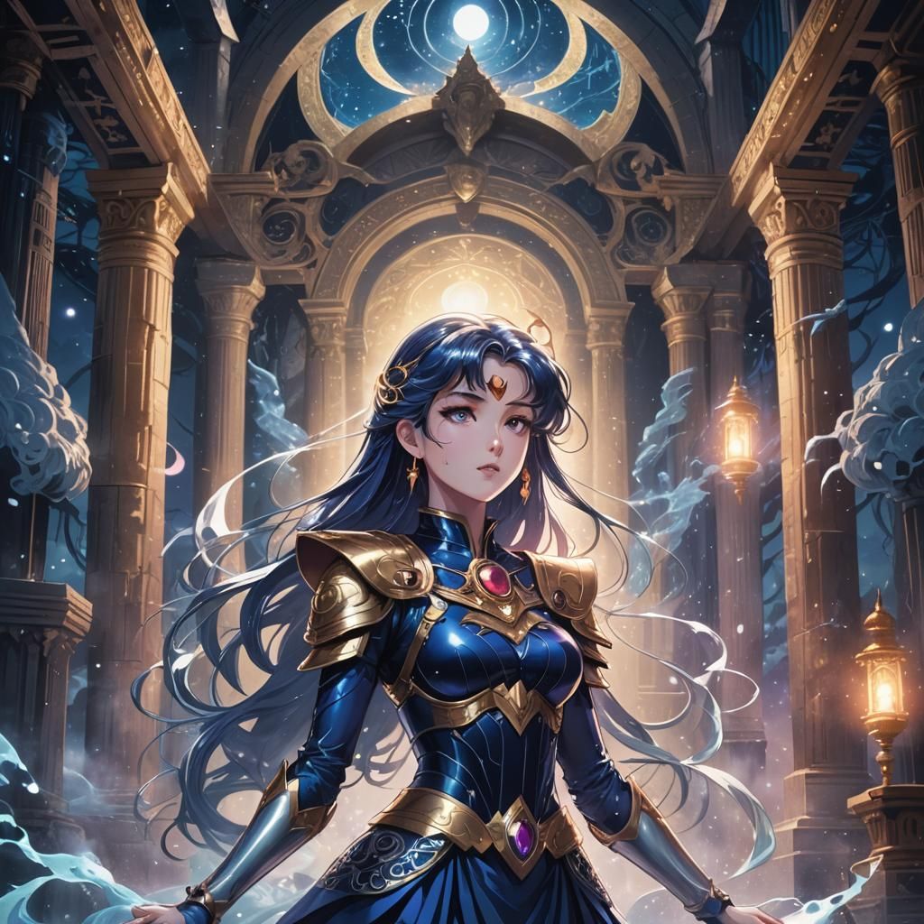 Sailor Moon Kami in Moonlit Temple, Manga Style