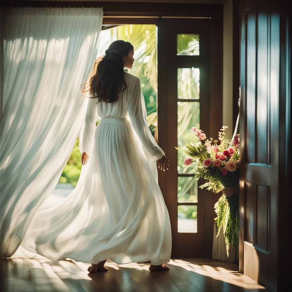 Hawaiian Woman in White Dress Opening Curtains