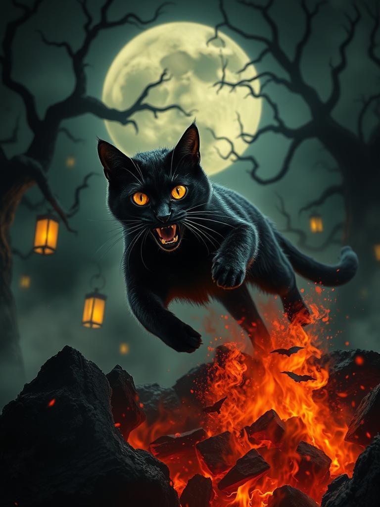 Infernal Feline Leaping from Flames in Gothic Horror Style