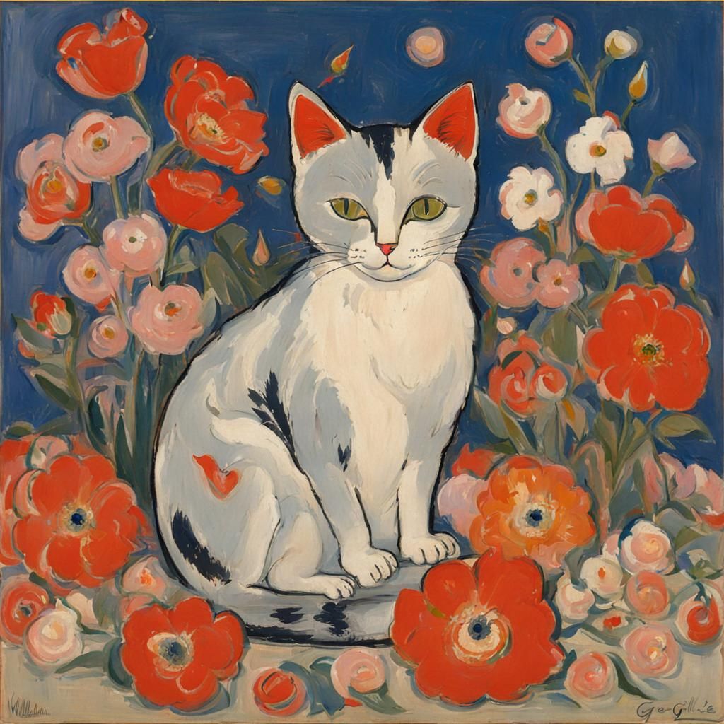 Vibrant Feline Portrait in Whimsical Landscape