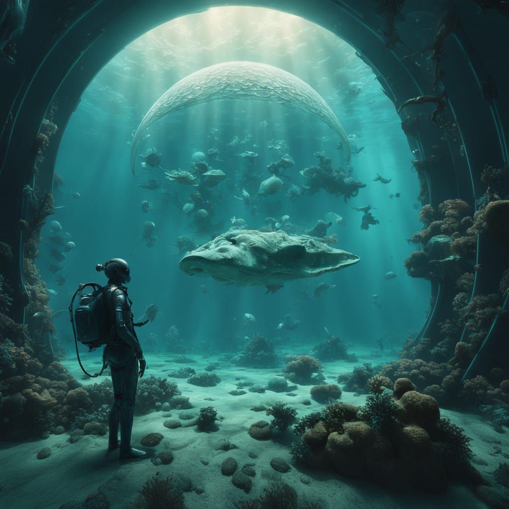 Ethereal Silvery Humanoid in Futuristic Underwater City