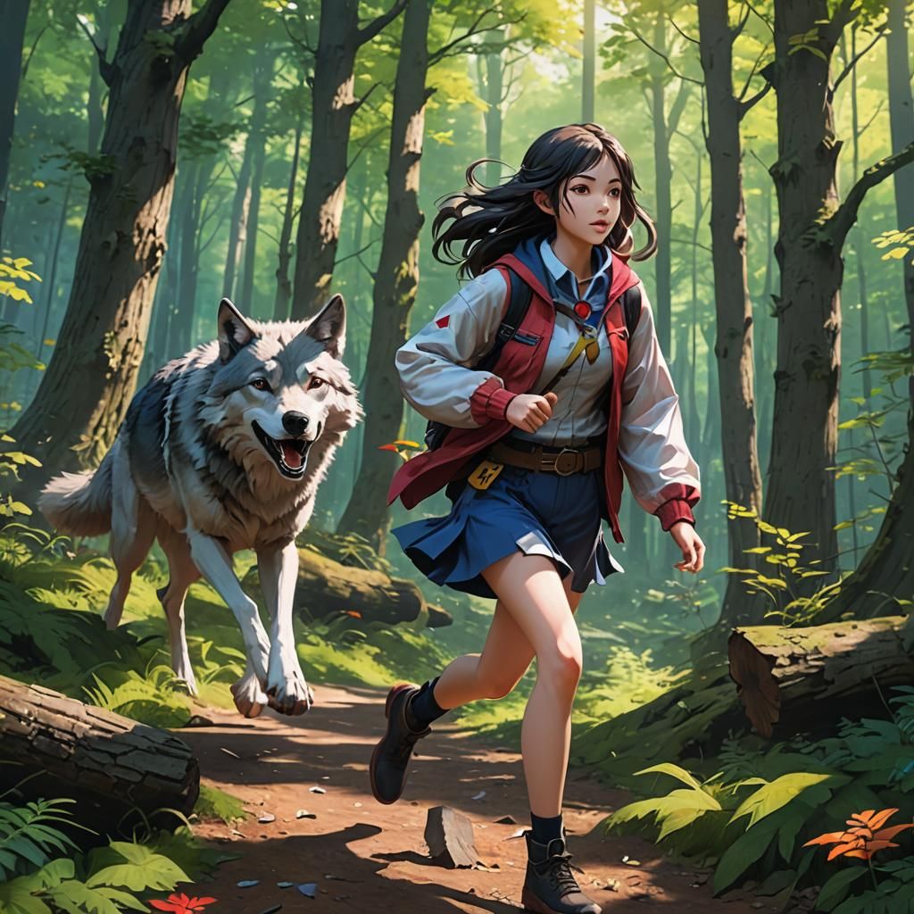Girl and Wolf Run Through Vivid Forest: 3D Anime Art