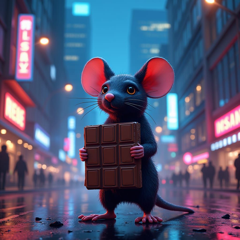 Mouse Chocolate Hybrid in a Neon Cityscape