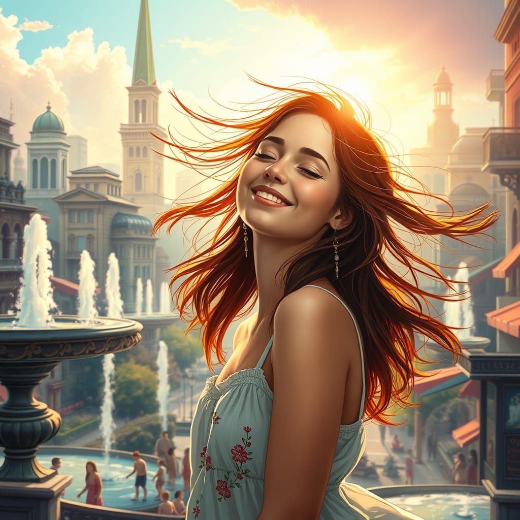 Woman in Summer Breeze: Hyperrealistic Cityscape Portrait
