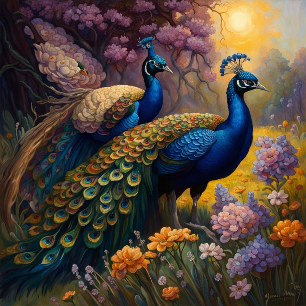 Dark Fantasy Peacocks in Cottagecore Meadow