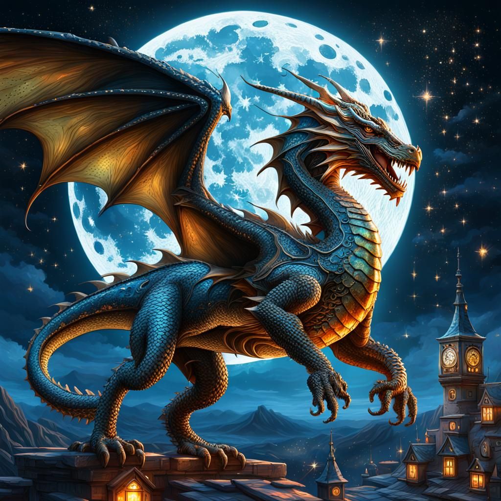 Clockwork dragons soaring through the night. Stars glittering in the distance. Moon lighting the way.