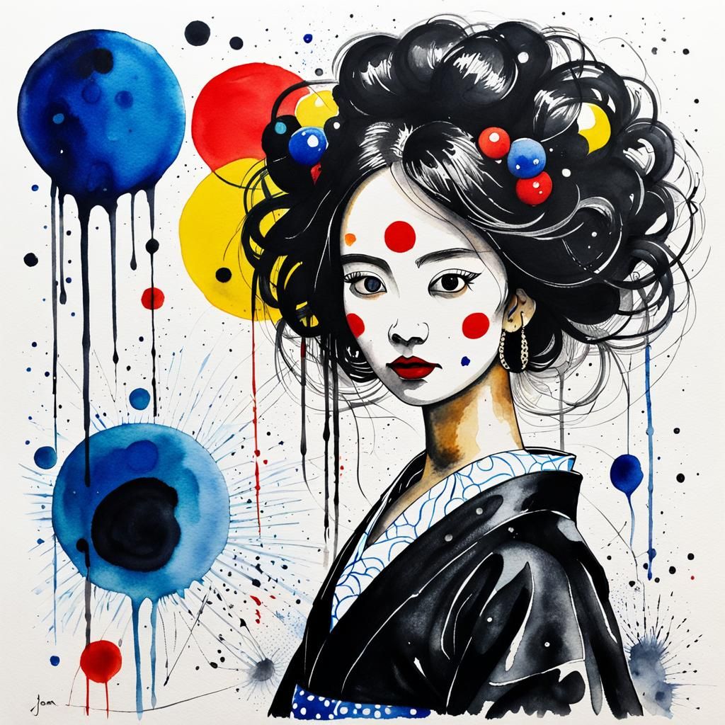 Surreal Woman in Kimono: Watercolor and Ink Impression