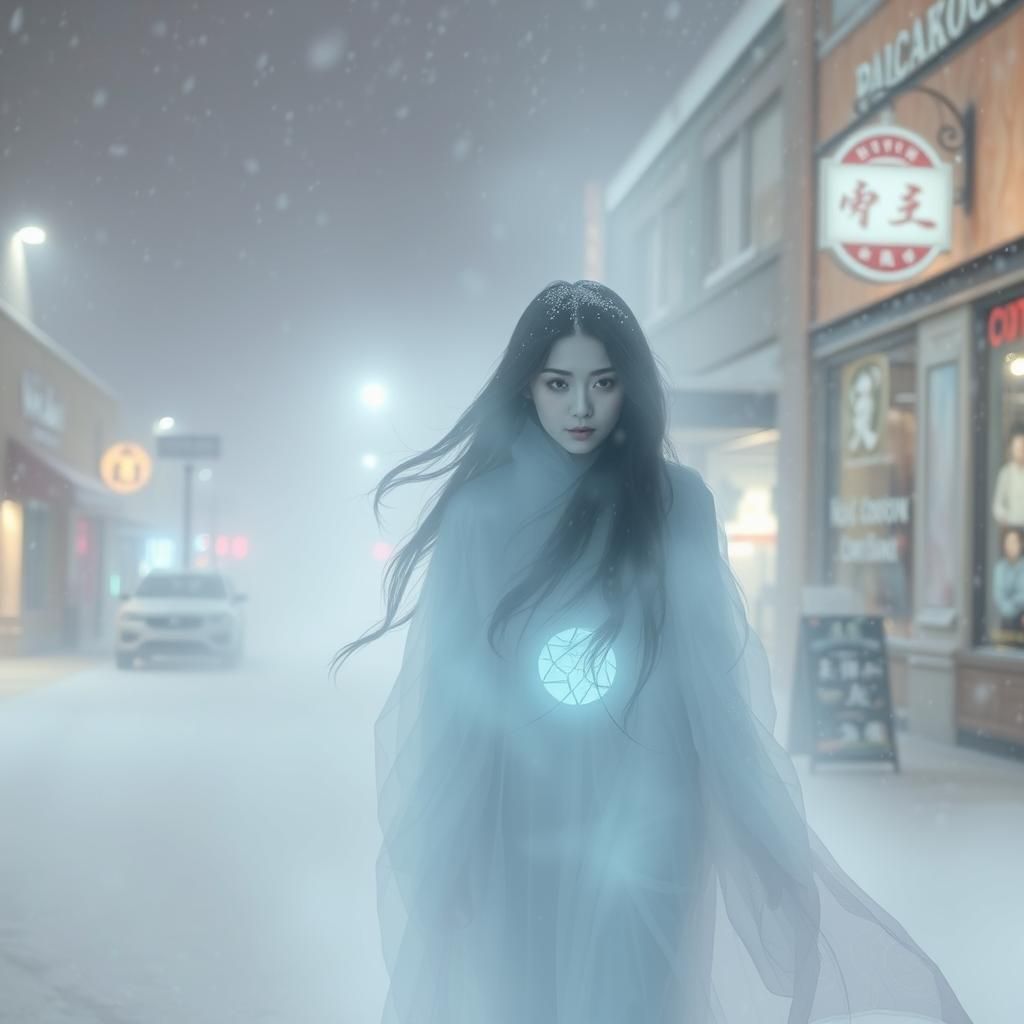 Ethereal Yuki Onna in Snowstorm: Ghostly Portrait