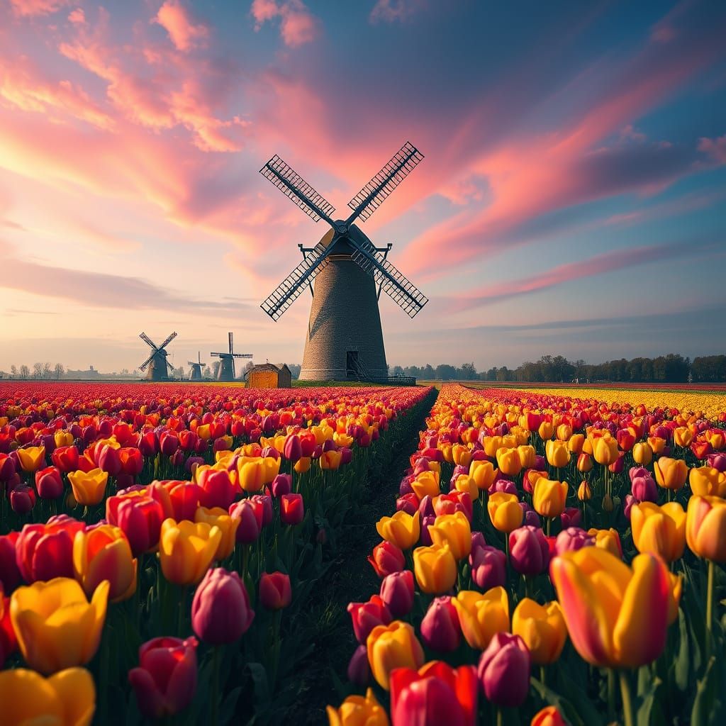 Tulip Fields and Windmill in Epic Cinematic Style