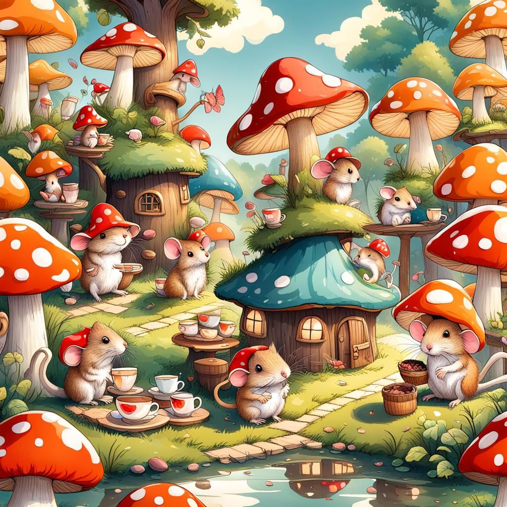 Mushroom Village Tea Party with Mice