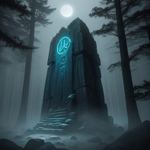 Ancient Monolith in Moonlit Forest