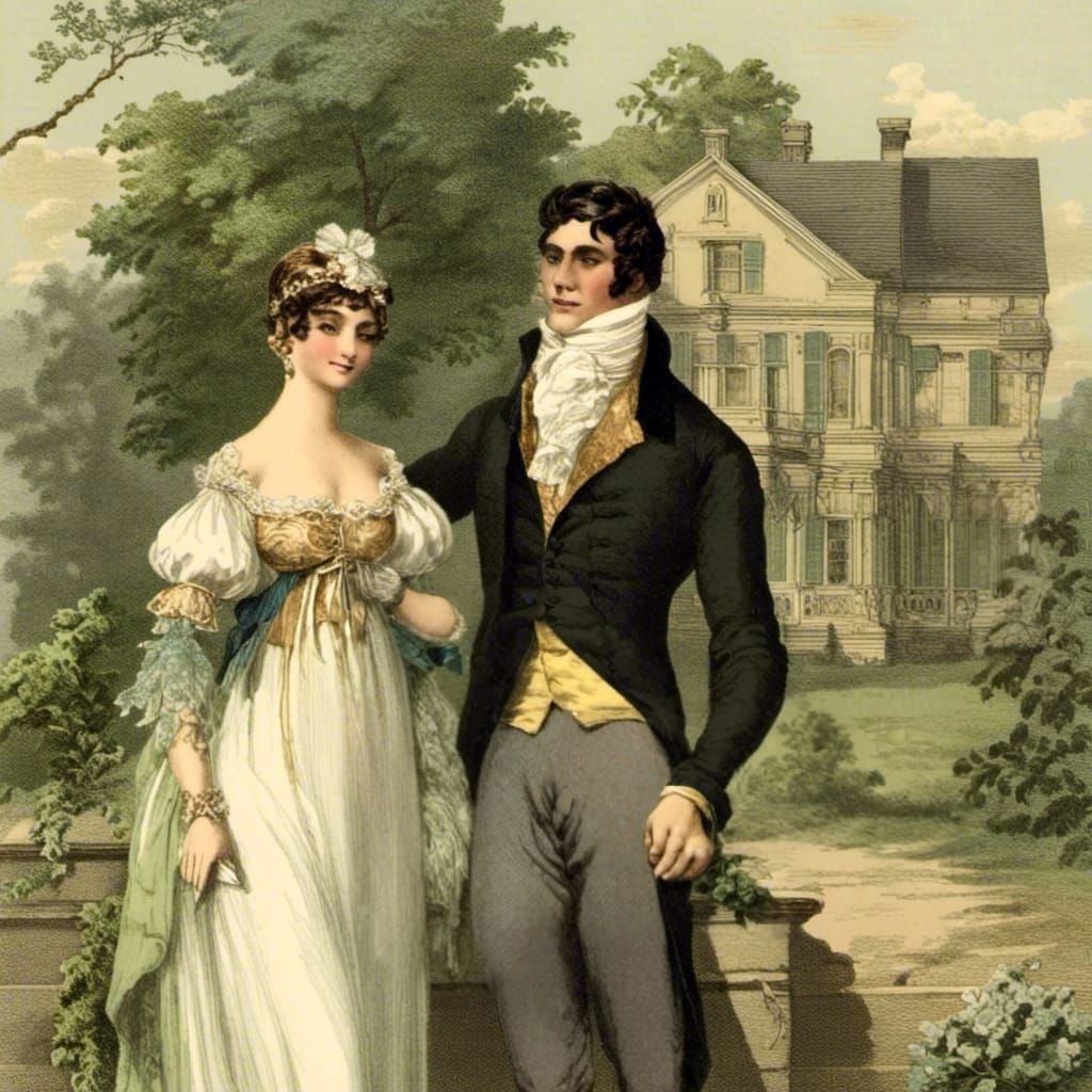 Regency Lady and Gentleman Before Manor House