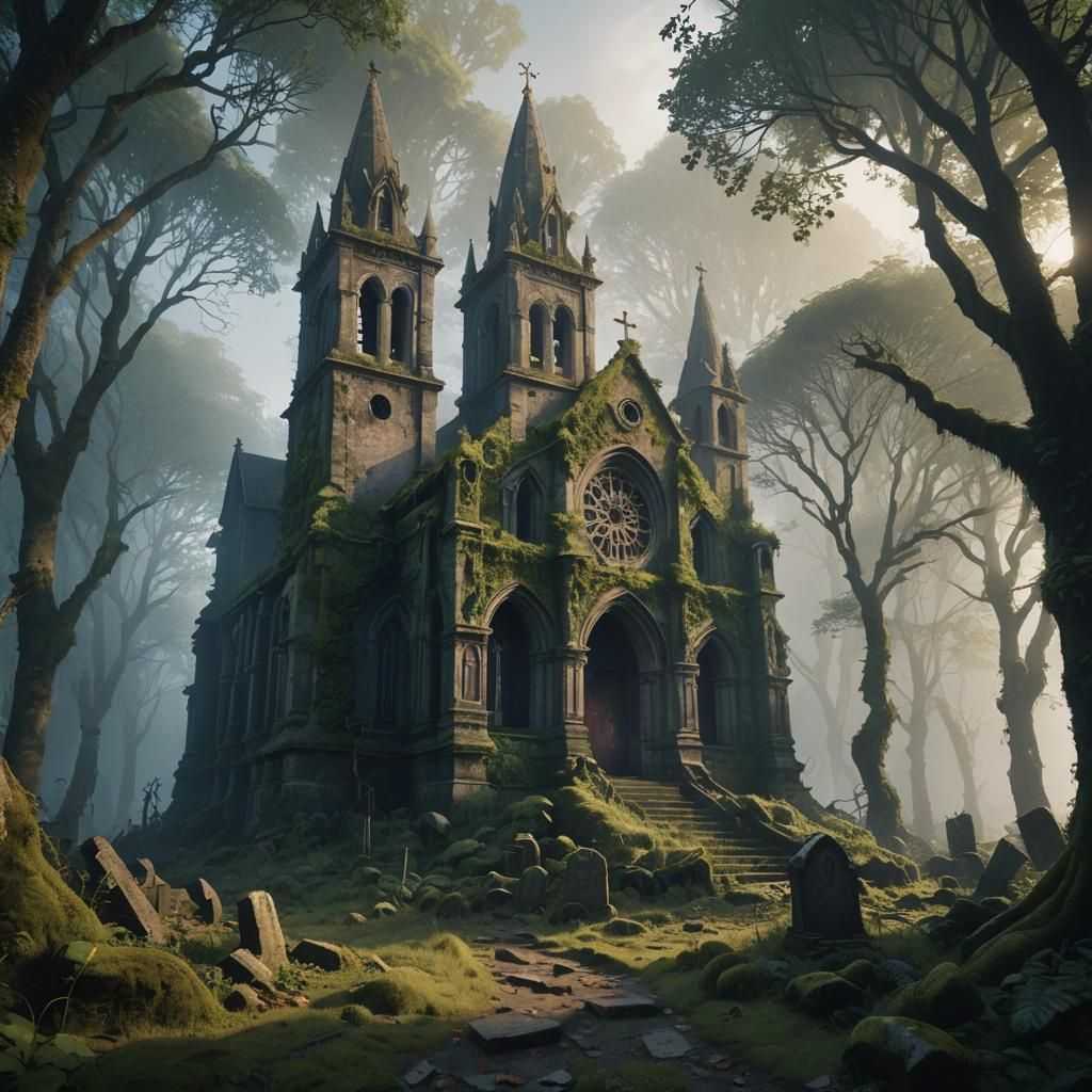 Eerie Abandoned Church in Misty Forest: Matte Painting