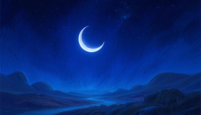 Crescent Moon in Starry Night Sky, Dreamy Digital Art