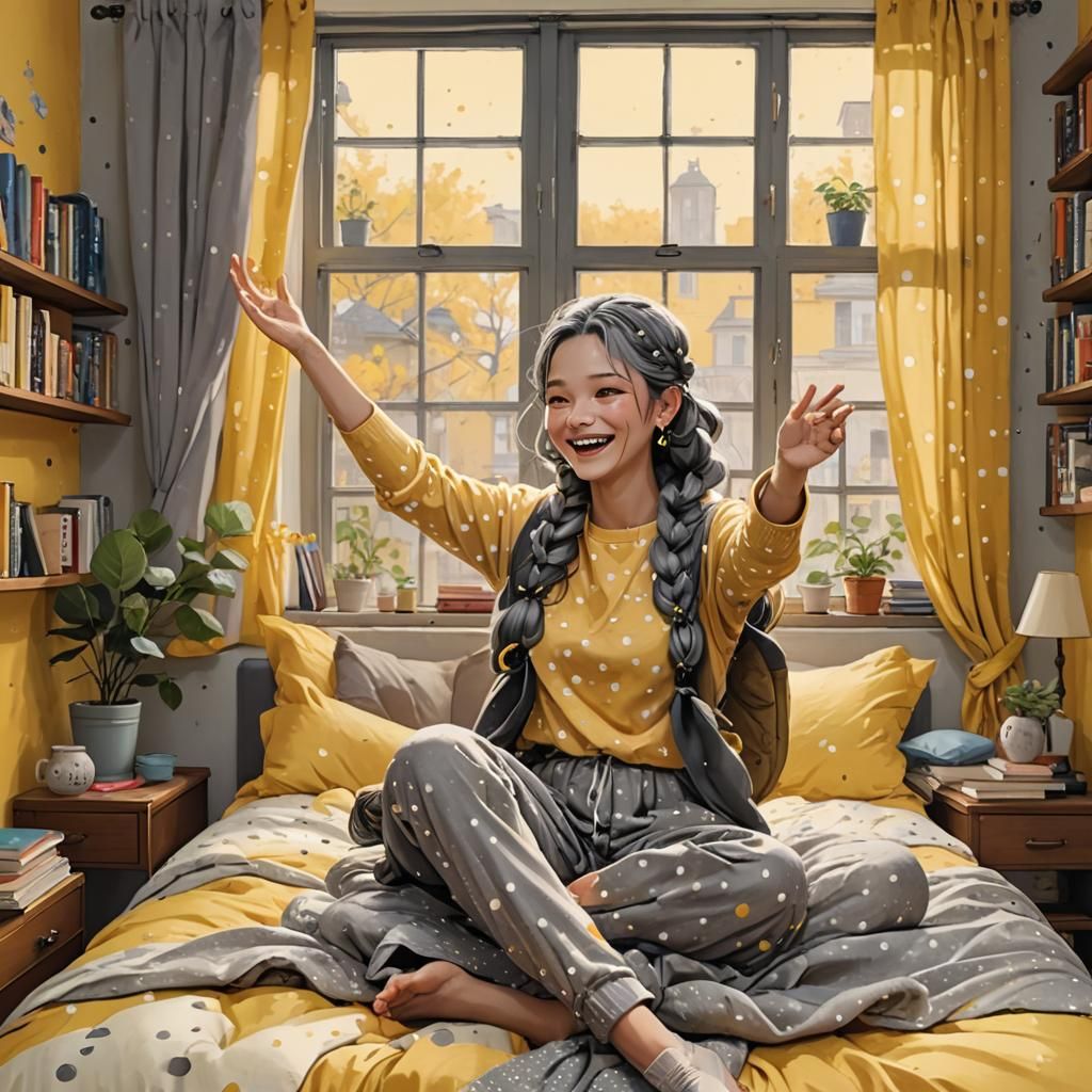Girl in Yellow Bedroom with Books, Detailed Matte Painting