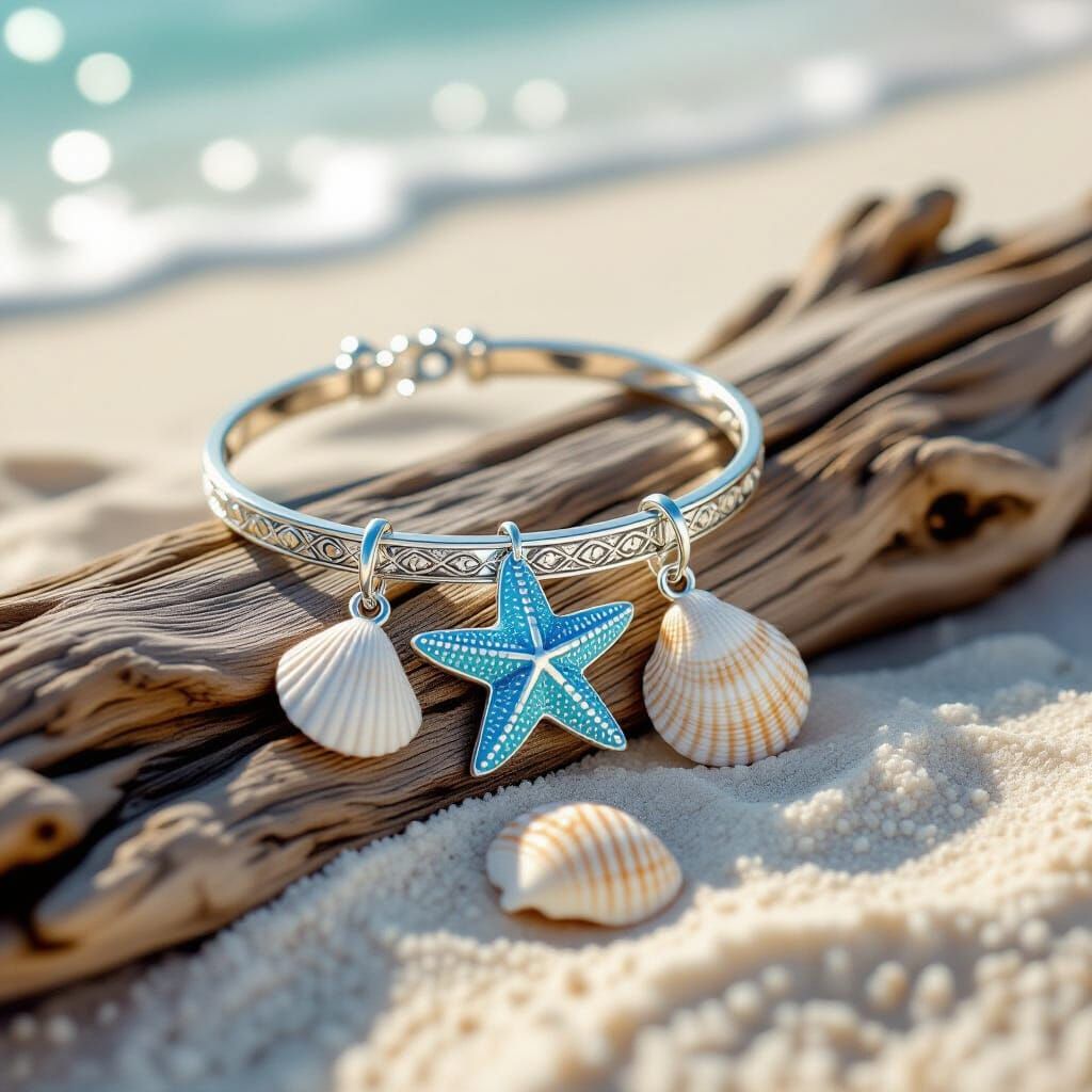 Silver Bracelet with Starfish Charm on Beach