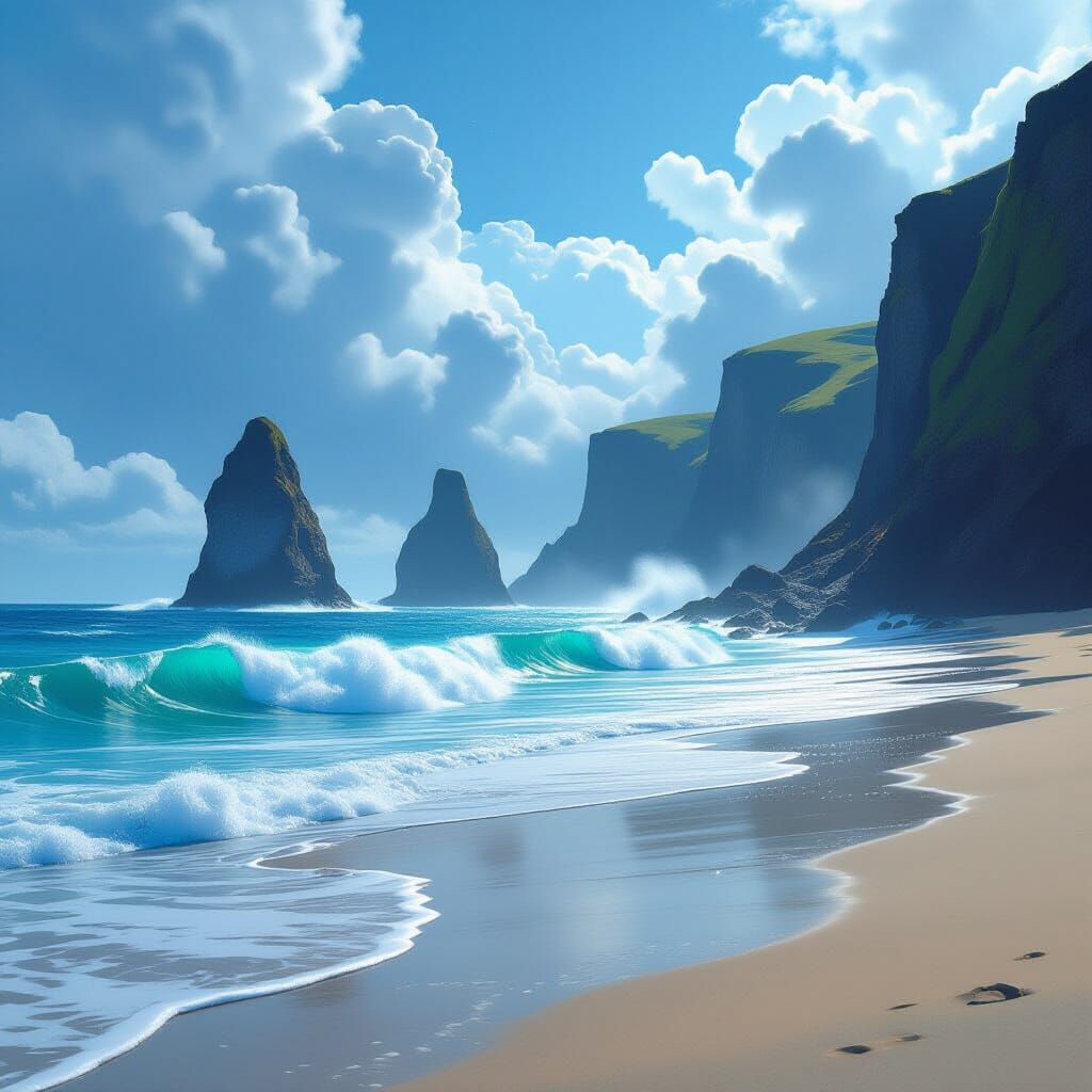 Sparkling Turquoise Waves on Majestic Shoreline