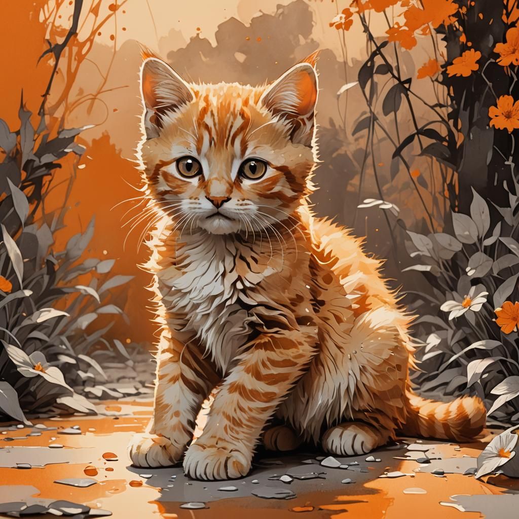 Orange Kitten in Dawn Light: Watercolor Concept Art