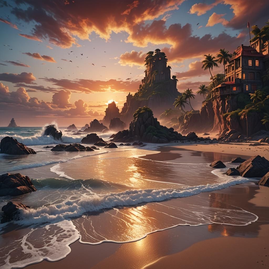 Stunning Sunset Beach Scene in Detailed Digital Painting