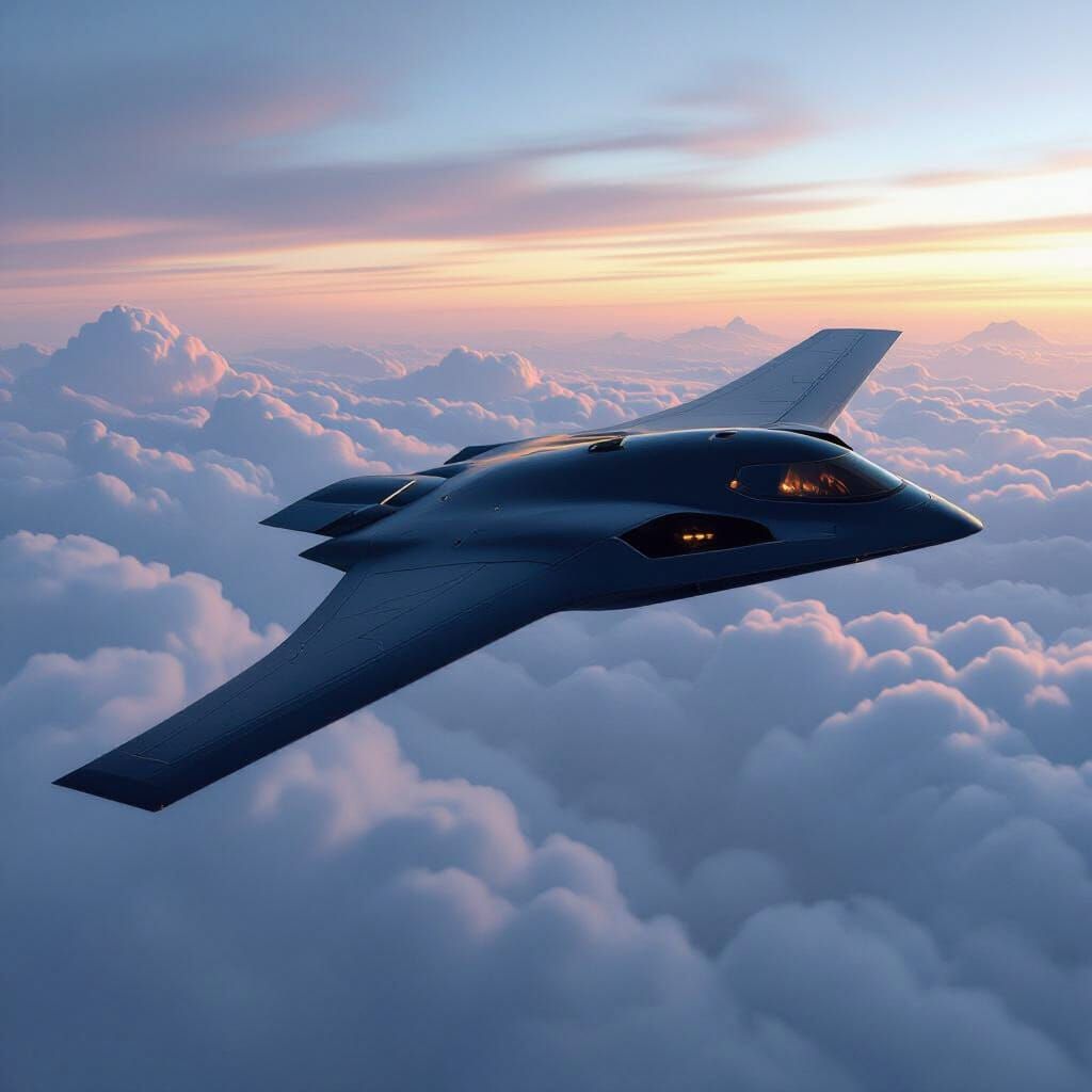 Futuristic Stealth Bomber Flies High in Twilight Sky