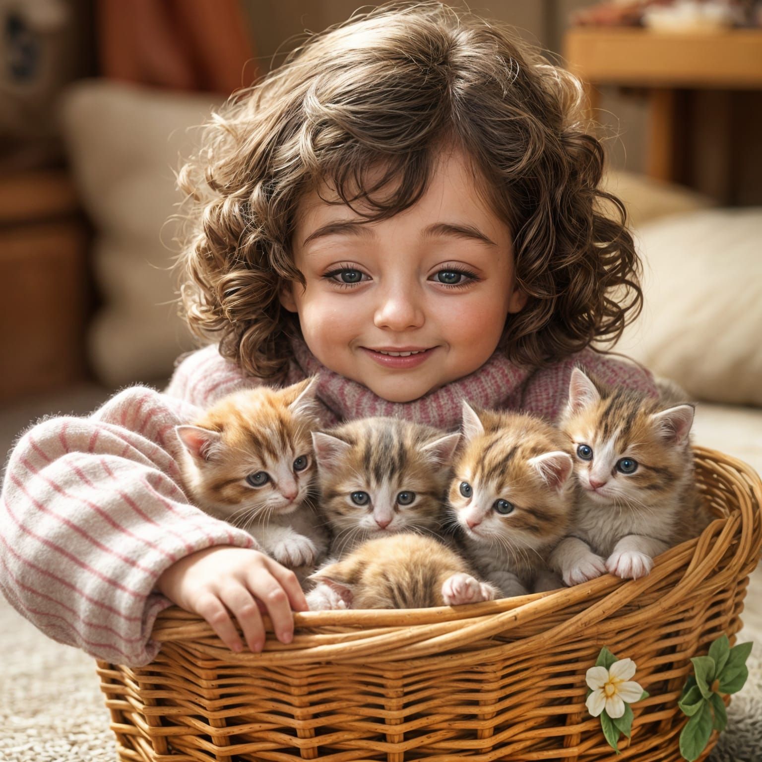Hyperrealistic Girl and Basket of Kittens