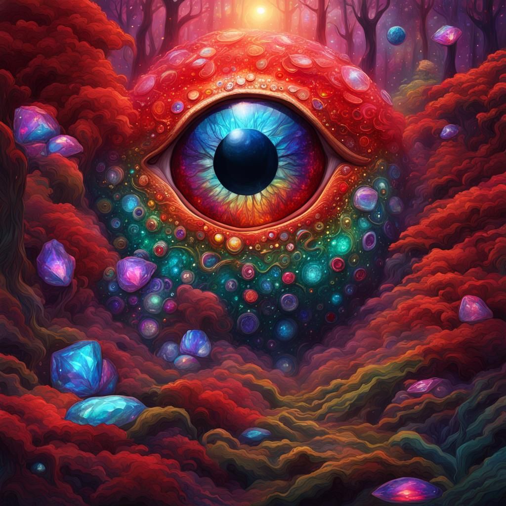 Jeweled-Eyed Creature in Forest, Holographic Illustration