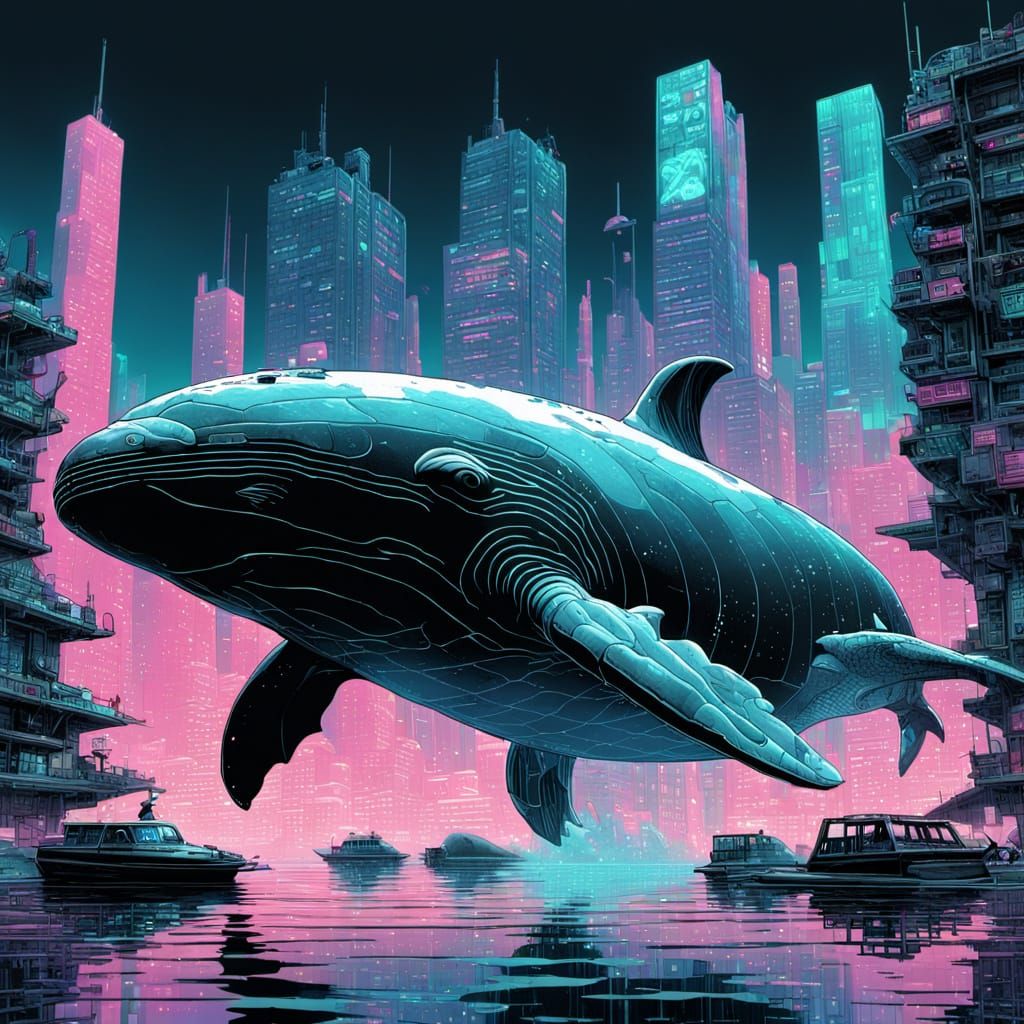 Cyberpunk Whale in Submerged Metropolis