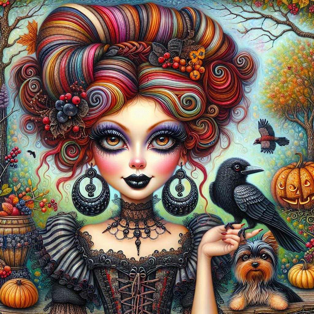 Beautiful Witch, a black crow sitting on her hand