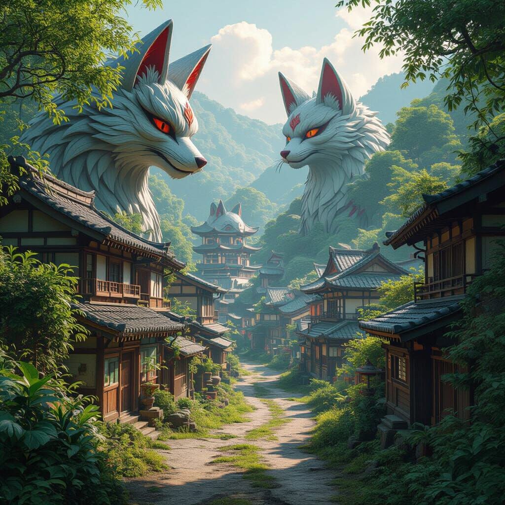 Overgrown Japanese Village with Giant Kitsune Sculptures