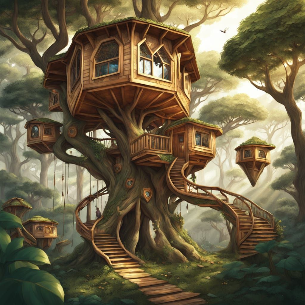 Hexagonal Treehouse Nestled in Lush Forest Canopy
