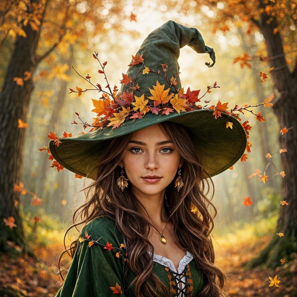 Witch with Autumn Leaf Hat in Enchanted Forest