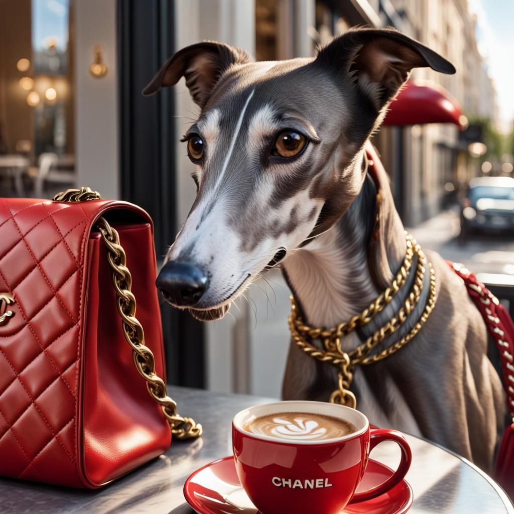 Italian Greyhound in Parisian Cafe: Hyperrealistic Close-Up