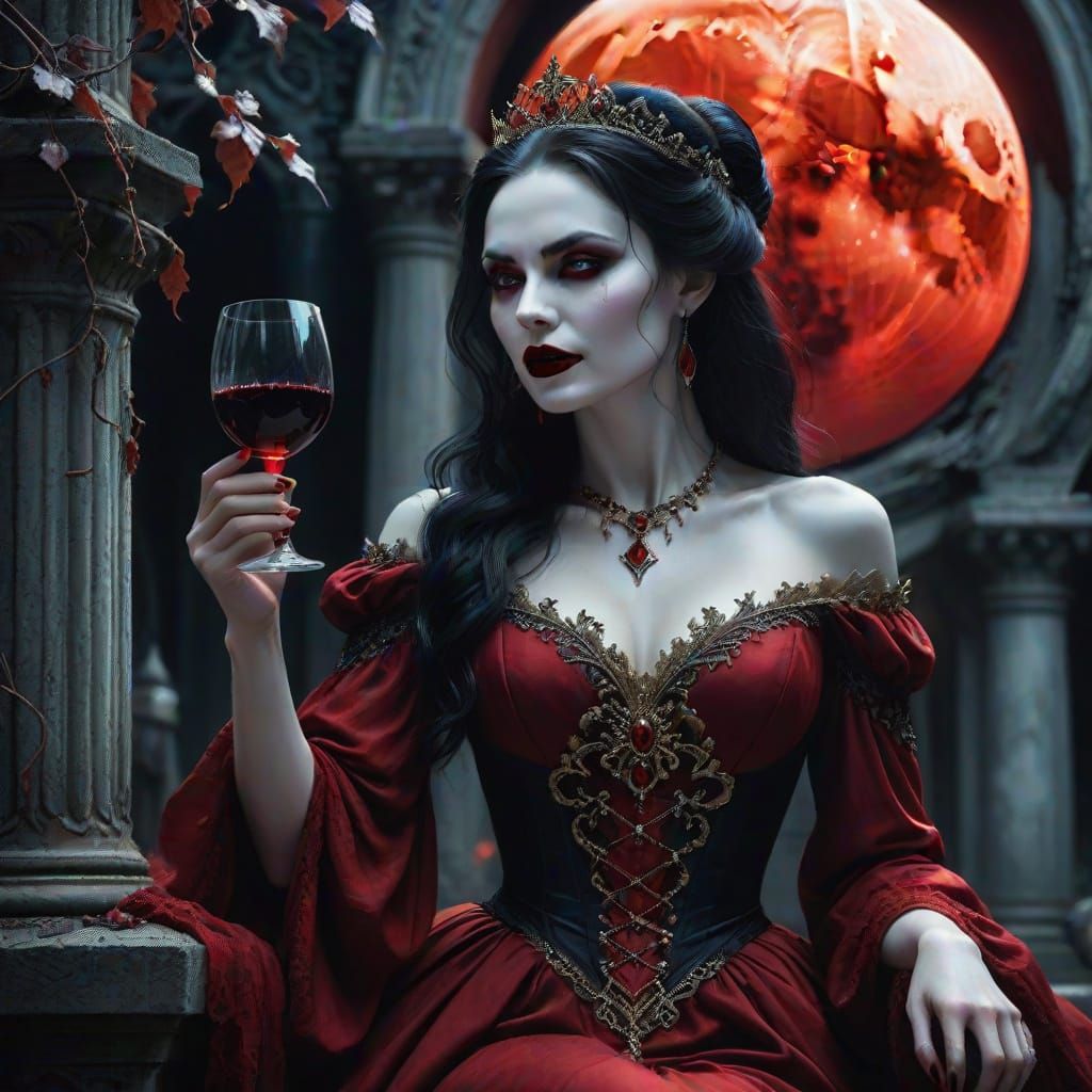 Ethereal Vampire Queen Portrait in Crimson Moonlight