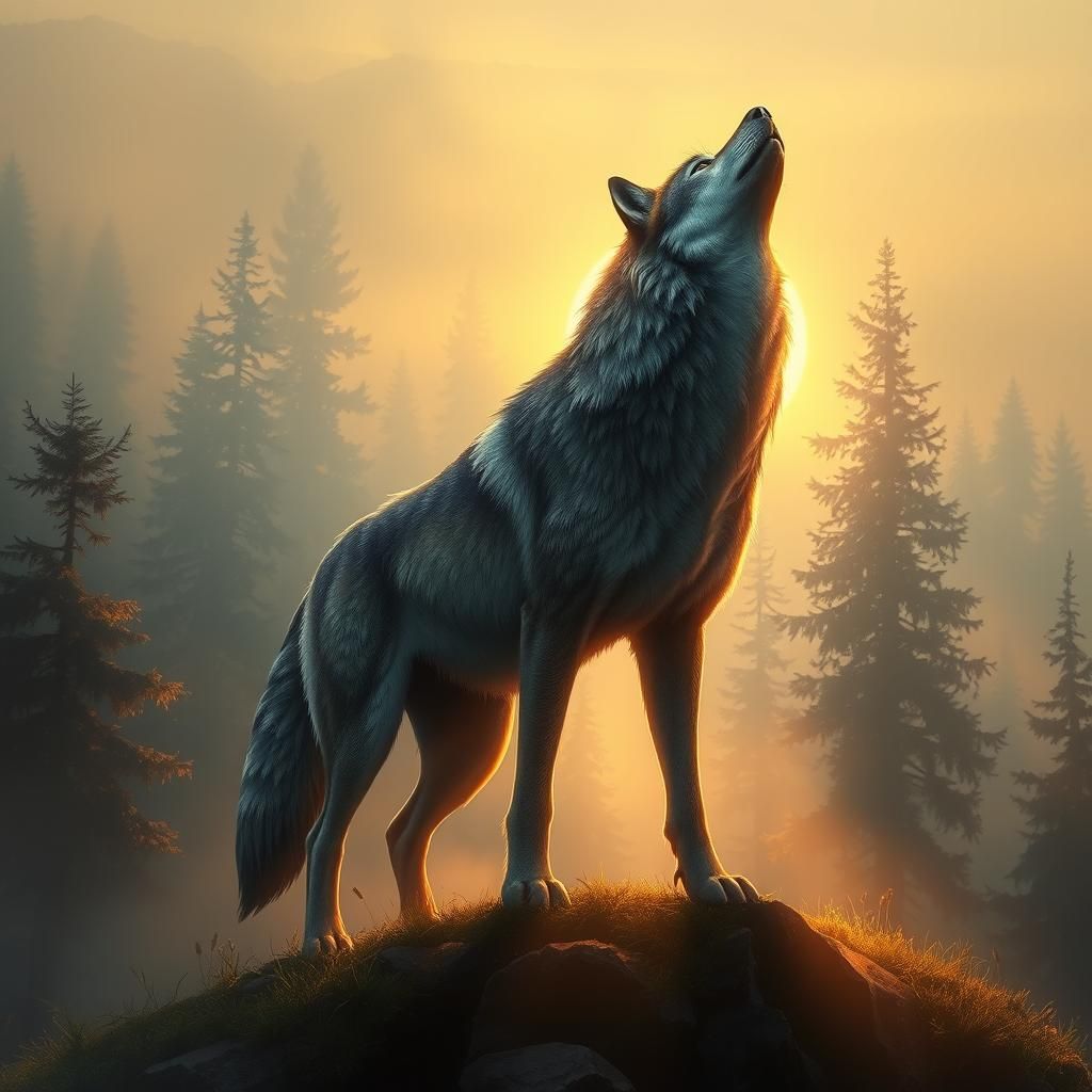 Majestic Wolf in Misty Forest, Tranquil Realism